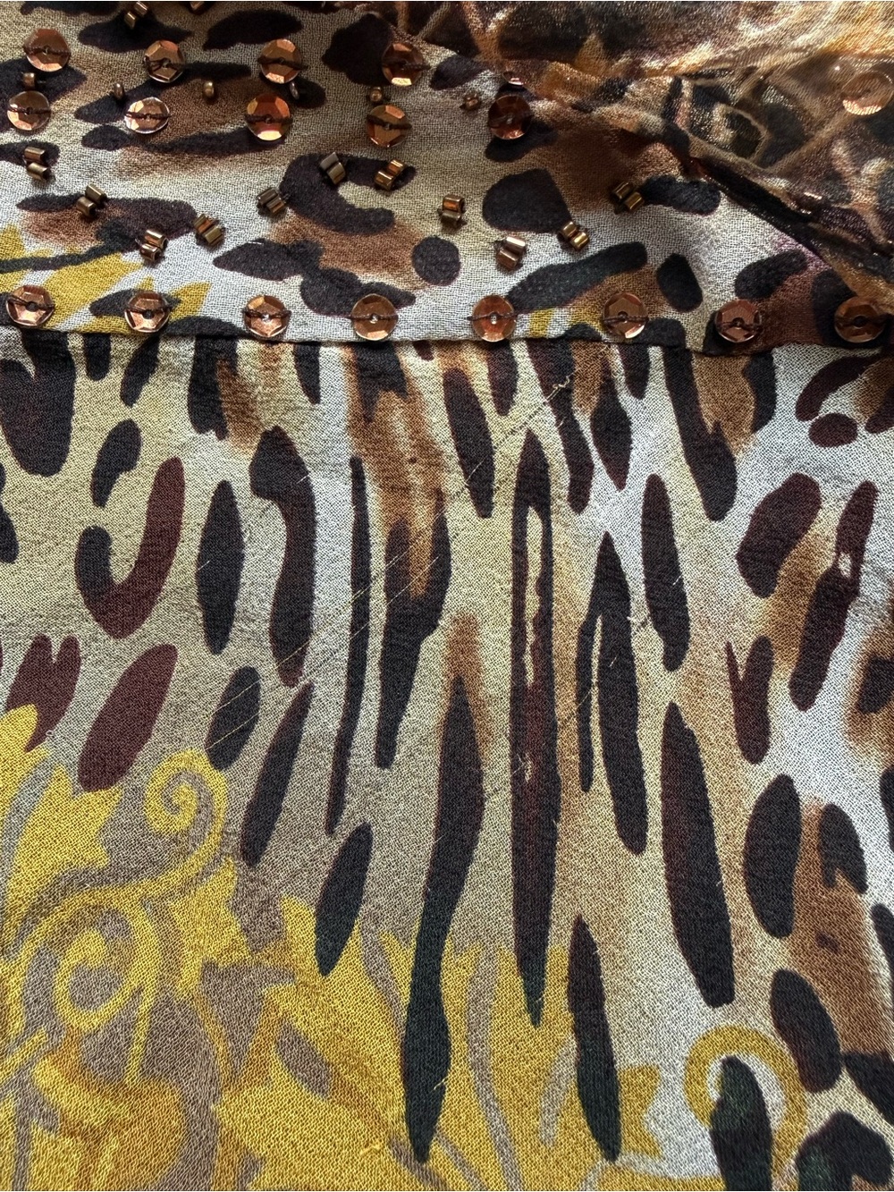 New York City Design Co. Silk Beaded Animal-Baroque Print Blouse - Brown/Gold - Picture 5 of 6